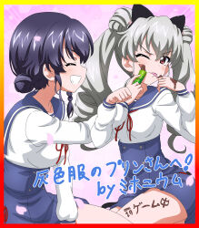 2girls alternate_costume anchovy_(girls_und_panzer) blue_skirt breasts carpaccio_(girls_und_panzer) double_bun food food_in_mouth girls_und_panzer grin hair_bun holding holding_food licking_lips looking_at_another multiple_girls official_alternate_costume official_art ribbon school_uniform skirt smile standing tongue tongue_out translation_request twintails wide_hips