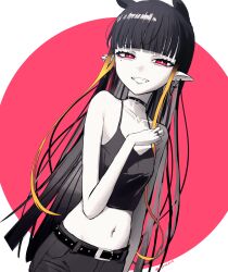 1girl absurdres alternate_costume belt black_hair breasts camisole crop_top cross cross_earrings earrings gradient_hair grin highres hololive hololive_english jewelry multicolored_hair navel navel_piercing ninomae_ina&#039;nis nynaceae orange_hair pants piercing pink_eyes pointy_ears small_breasts smile solo teeth tentacle_hair virtual_youtuber