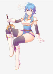 1girl ahoge armor belt blue_hair blue_tunic boots breastplate breasts commission commissioner_upload elbow_gloves fire_emblem fire_emblem:_genealogy_of_the_holy_war geraldjess1 gloves headband highres holding holding_sword holding_weapon if_they_mated knee_up looking_at_viewer medium_breasts nintendo original pelvic_curtain popped_collar purple_eyes selia short_hair shoulder_armor sidelocks simple_background sitting skindentation sleeveless smile solo sword thighhighs thighs tomboy tunic weapon white_background white_headband