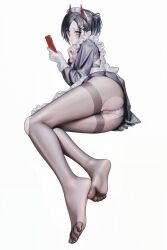 1girl absurdres ass azur_lane black_hair cellphone feet highres light_blush looking_at_viewer lying maid medium_hair on_side panties pantyhose pantyshot phone smartphone soles striped_clothes striped_panties toes torn_clothes torn_pantyhose ulrich_von_hutten_(azur_lane) underwear yanagi_(yan-agi) yellow_eyes