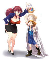 2girls absurdres afterimage age_difference age_regression aged_down alternate_form ankle_boots bag belt bent_over blue_eyes boots bow bra breasts brown_hair bullying child choker cleavage coat collarbone dress earrings elite_four fang female_focus flat_chest full_body gen_2_pokemon glasses green_eyes grin hair_bow hair_ornament hand_on_own_hip high_heels highres hip_focus jewelry jumping knees large_breasts legs lips long_hair lorelei_(pokemon) miniskirt molly_hale multiple_girls naso4 nintendo open_mouth oversized_clothes paper_bag pencil_skirt poke_ball pokemon pokemon_(anime) pokemon_(classic_anime) pokemon_(creature) pokemon_3:_the_movie_-_spell_of_the_unown:_entei ponytail pumps purple_hair rare_candy ribbon short_hair shrinking side_slit sidelocks simple_background skirt smile teardrop tears teasing teeth tongue underwear unown unown_(other) wardrobe_malfunction white_background worried
