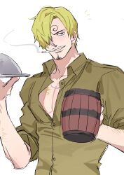 1boy absurdres beer_mug blonde_hair cigarette commentary cup facial_hair green_shirt hair_over_one_eye highres holding holding_plate male_focus mug mustache_stubble one_piece open_clothes open_shirt plate sanji_(one_piece) shirt simple_background sketch smoking solo stubble sweetdou3 symbol-only_commentary