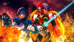 2boys android arm_cannon armor blonde_hair blue_armor blue_eyes blue_helmet chest_jewel cityscape closed_mouth dated energy_sword fire forehead_jewel gloves green_eyes guutara helmet highres holding holding_sword holding_weapon jewelry joints long_hair male_focus mega_man_(series) mega_man_x_(series) multiple_boys open_mouth ponytail red_armor red_helmet robot robot_ears robot_joints shoulder_armor signature sword very_long_hair weapon white_gloves x_(mega_man) z_saber zero_(mega_man)