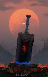 artist_name bare_tree berserk brand_of_sacrifice cloud cloudy_sky commentary dragonslayer_(sword) english_commentary flower highres miura_kentarou_(mangaka) no_humans planted planted_sword planted_weapon sky sun sword thefearmaster tree weapon weapon_focus