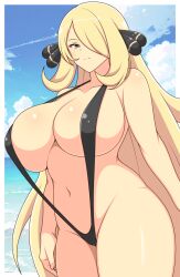 1girl black_slingshot_swimsuit blue_sky border breasts closed_mouth cloud curvy cynthia_(pokemon) day grey_eyes groin hair_ornament hair_over_one_eye highres huge_breasts ichiryuu_tsumiki long_hair looking_at_viewer navel nintendo outdoors pokemon pokemon_dppt sky slingshot_swimsuit smile solo stomach swimsuit very_long_hair white_border