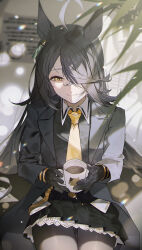 1girl ahoge animal_ears animal_print black_coat black_gloves black_hair black_pantyhose black_shirt black_skirt cat_print closed_mouth coat coffee coffee_mug collared_shirt cotton_candy crossed_bangs cup ear_tag earrings food frilled_skirt frills gloves hair_over_one_eye highres holding holding_cotton_candy holding_food horse_ears horse_girl jewelry long_bangs long_hair long_sleeves manhattan_cafe_(umamusume) mug multicolored_hair necktie open_clothes open_coat pantyhose plant pleated_skirt sava_(sava_023) shirt single_earring sitting skirt smile solo steam umamusume very_long_hair white_hair yellow_eyes yellow_necktie