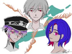 3boys blue_hair colored_inner_hair grey_hair gundam gundam_gquuuuuux hair_between_eyes hat highres japan looking_at_viewer lower_eyelashes_only male_focus minamoto_kiyomaro multicolored_hair multiple_boys nagisa_kaworu nekurakoduck neon_genesis_evangelion pink_eyes pink_hair portrait purple_hair red_eyes short_hair shuji_ito smile touken_ranbu two-tone_hair white_hair