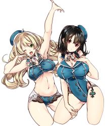 10s 218 2girls ;d adapted_costume arm_up armpits ascot atago_(kancolle) bare_arms beret bikini black_eyes blonde_hair blush breasts brown_hair choker cleavage covered_erect_nipples cowboy_shot cropped_legs gluteal_fold green_eyes hair_between_eyes hand_on_own_chest hand_up hat kantai_collection large_breasts long_hair looking_at_viewer multiple_girls navel one-piece_swimsuit one_eye_closed open_mouth outstretched_hand parted_lips sidelocks simple_background sleeveless smile stomach swimsuit takao_(kancolle) underboob white_background