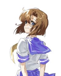 1girl arms_behind_back blue_eyes blue_sailor_collar blue_skirt brown_hair closed_mouth curtained_hair highres higurashi_no_naku_koro_ni ihwa0283 looking_at_viewer pleated_skirt ryuuguu_rena sailor_collar school_uniform serafuku shirt short_hair short_sleeves simple_background sketch skirt smile solo upper_body white_background white_shirt