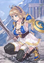 1girl ancient_greek_clothes armor armored_dress blonde_hair braid breasts dress greco-roman_clothes hair_ribbon large_breasts laurel_crown long_hair ribbon shield shoulder_pads single_braid solo sophitia_alexandra soul_calibur weapon yagi2013