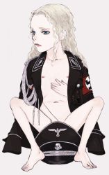 1girl barefoot blonde_hair blue_eyes butaneko_(butaneko_hanten) coat convenient_censoring curly_hair feet female_focus female_masturbation fingering flat_chest hat highres loli masturbation nazi nipples nude peaked_cap solo spread_legs