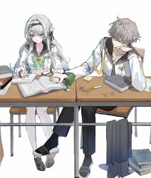 1boy 1girl black_hairband black_pants black_sailor_collar black_shoes blue_eyes book bow caelus_(honkai:_star_rail) chair firefly_(honkai:_star_rail) green_bow grey_hair hair_intakes hairband hetero highres holding holding_hands holding_pen honkai:_star_rail honkai_(series) long_hair long_sleeves meoyo open_book pants pen sailor_collar sandals school_uniform shirt shoes short_hair simple_background sitting table trailblazer_(honkai:_star_rail) white_background white_shirt writing yellow_eyes