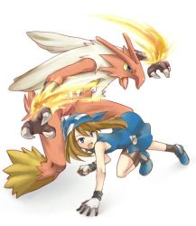 1girl bandana bike_shorts blaziken brown_hair fang gen_3_pokemon holding holding_poke_ball konbu_umauma may_(pokemon) nintendo poke_ball pokemon pokemon_(creature) pokemon_adventures unagi_(kobucha_blaster)