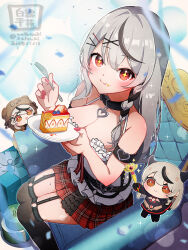 +_+ 1girl balloon black_hair black_socks blurry blurry_foreground braided_sidelock breasts cake cake_slice chain chibi choker cleavage commentary confetti feet_out_of_frame food fork grey_hair highres holding holding_fork holding_plate hololive kneehighs large_breasts legwear_garter looking_at_viewer multicolored_hair nail_polish plaid_clothes plaid_skirt plate red_eyes red_nails red_skirt sakamata_chloe sakamata_chloe_(1st_costume) satsuki_(pixiv_742410) shirt simple_background skirt sleeveless sleeveless_shirt smile socks solo_focus streaked_hair virtual_youtuber white_background white_shirt