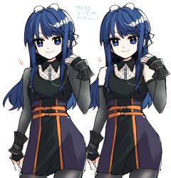 1girl arrow_(symbol) bare_shoulders black_pantyhose black_shirt black_skirt black_sleeves blue_eyes blue_hair breasts closed_mouth collarbone collared_shirt commentary_request contrapposto contrast_collar design_speculation detached_sleeves fishnet_top fishnets hair_intakes half_updo high-waist_skirt highres i_my_mayday kanduki_kamibukuro link!_like!_love_live! long_hair looking_at_viewer love_live! miniskirt multiple_views murano_sayaka no_coat official_alternate_costume pantyhose shirt simple_background skirt small_breasts smile virtual_youtuber white_background