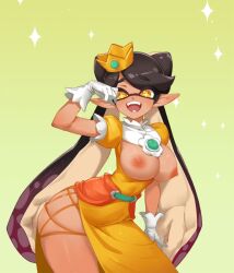 1girl :d black_hair breasts breasts_out brooch callie_(splatoon) commentary cosplay cowboy_shot crown curvy dress english_commentary eye_mask eyelashes fangs flower_brooch gloves gradient_hair hand_up inkling large_breasts little123blood long_hair long_pointy_ears mario_(series) multicolored_hair nintendo nipples open_mouth orange_dress pale_skin pointy_ears princess_daisy princess_daisy_(cosplay) puffy_short_sleeves puffy_sleeves short_eyebrows short_sleeves simple_background skin_tight smile solo splatoon_(series) spotted_hair star-shaped_pupils star_(symbol) suction_cups symbol-shaped_pupils tentacle_hair thighs two-tone_hair very_long_hair white_gloves wide_hips yellow_eyes yellow_pupils