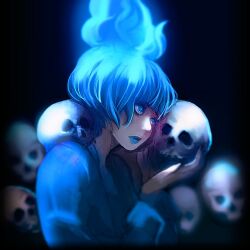1girl animification blue_fire blue_hair blue_lips closed_mouth disneyland dress fiery_hair fire formal_clothes gloves kyou_o lipstick long_hair long_sleeves looking_at_viewer makeup ms._hades skull solo suit