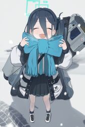 Rule 34 | 1girl, ^ ^, absurdres, aqua halo, aris (blue archive), black hair, black hairband, black skirt, black socks, blue archive, blue bow, blue necktie, blue scarf, bow, closed eyes, cross-laced footwear, double-parted bangs, energy gun, foreshortening, from above, green halo, hair between eyes, hairband, halo, haramaki (haranomaki), highres, huge bow, jacket, long bangs, long hair, long hair between eyes, long sleeves, necktie, open mouth, pleated skirt, puffy long sleeves, puffy sleeves, scarf, scarf bow, shirt, side ponytail, skirt, smile, snow, snowing, socks, solo, standing, very long hair, weapon, weapon on back, white footwear, white jacket, white shirt