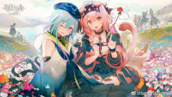 Rule 34 | 2boys, :p, animal ears, arknights, blue hair, crossed bangs, food, fruit, goldenglow (arknights), grani (arknights), hair between eyes, hat, haze (arknights), highres, jewelry, la pluma (arknights), ladle, mizuki (arknights), multiple boys, multiple girls, namie-kun, necklace, onigiri, pink eyes, pink hair, pudding, quercus (arknights), skyfire (arknights), smile, strawberry, tail, tequila (arknights), thighhighs, tongue, tongue out, yellow eyes