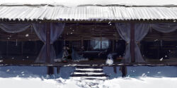 2boys architecture barefoot black_hair black_hanfu blue_cloak building character_snowman chinese_clothes cloak curtains east_asian_architecture embers fur-trimmed_cloak fur_trim grey_pants hanfu headband high_ponytail hug lan_wangji long_hair long_sleeves modao_zushi multiple_boys pants ponytail red_sash sash sitting snow snowing snowman stairs topknot wei_wuxian white_hanfu white_headband wide_shot window window_blinds xianduguaitan yaoi