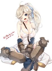 1girl 218 ;d armor bare_shoulders between_breasts blue_bow blue_eyes blush boots bow breasts brown_boots brown_gloves cleavage commentary_request crossed_ankles cucouroux_(granblue_fantasy) dated female_focus gloves granblue_fantasy greaves hair_bow head_tilt large_breasts light_brown_hair long_hair looking_at_viewer one_eye_closed open_mouth ponytail see-through_clothes shirt sitting smile solo strap_between_breasts striped_bow sweat tank_top twitter_username wet wet_clothes white_shirt