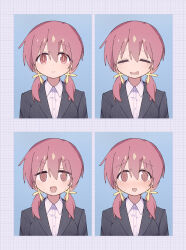 Rule 34 | 1girl, 2mai84, :d, @ @, black suit, blush, brown eyes, closed eyes, commentary, dot nose, formal clothes, hair between eyes, hashtag-only commentary, long hair, looking at viewer, low twintails, multiple views, murosaki miyo, onii-chan wa oshimai!, open mouth, portrait, red hair, shirt, simple background, smile, suit, twintails, white shirt, wing collar