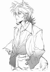 Rule 34 | 1boy, absurdres, animal ears, chinese commentary, closed mouth, collarbone, collared shirt, commentary request, dixinyinli, greyscale, hair between eyes, highres, isoi reiji, jacket, kemonomimi mode, long sleeves, male focus, medium hair, monochrome, open clothes, open jacket, saibou shinkyoku, sanpaku, screentones, shirt, shirt partially tucked in, simple background, sketch, solo, tail, white background, wolf boy, wolf ears, wolf tail