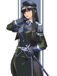 1girl aiguillette black_hair female_focus gloves lowres military military_uniform original pantyhose punpun solo sword weapon