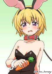 Rule 34 | 1girl, animal collar, animal ear hairband, animal ears, bare shoulders, black leotard, blonde hair, blush, carrot, collar, collarbone, embarrassed, fake animal ears, gradient background, hair between eyes, hairband, highres, higurashi no naku koro ni, hikari (mitsu honey), holding, holding carrot, houjou satoko, leash, leotard, open mouth, playboy bunny, purple eyes, rabbit ears, short hair, solo