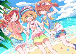 3girls amitie_(bursting)_(puyopuyo) amitie_(puyopuyo) andou_ringo arle_(seabreeze)_(puyopuyo) arle_nadja beach blonde_hair blue_sky blush brown_hair carbuncle_(puyopuyo) chibi chibi_only drill_hair female female_focus futaba969649 green_eyes hat highres long_hair looking_at_viewer madou_monogatari multiple_girls one_eye_closed orange_hair pants ponytail puyo_(puyopuyo) puyopuyo puyopuyo_20th_anniversary puyopuyo_fever puyopuyo_quest red_hair ringo_(summery)_(puyopuyo) sand shirt shoes short_hair short_pants short_sleeves shorts sky starfish summer summer_uniform sunglasses t-shirt tree water water_gun yellow_eyes