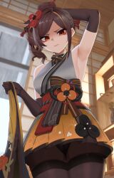 1girl absurdres arm_up armpits bare_shoulders black_gloves black_pantyhose breasts brown_eyes brown_hair chiori_(genshin_impact) cowboy_shot disgust elbow_gloves genshin_impact gloves grey_kimono hair_ornament highres holding indoors japanese_clothes kimono looking_at_viewer medium_breasts miniskirt nvl obi pantyhose pleated_skirt red_sash sash scowl short_hair sideboob sidelocks skirt sleeveless sleeveless_kimono solo standing thighband_pantyhose v-shaped_eyebrows yellow_skirt