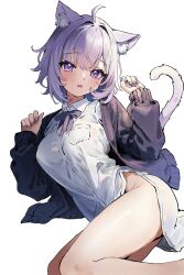 1girl :o ahoge animal_ear_fluff animal_ears black_cardigan blush bow breasts cardigan cat_ears cat_tail collared_shirt commentary dot_nose fingernails groin hair_intakes hands_up highres hololive invisible_floor large_breasts long_sleeves looking_at_viewer lying nail_(hardware) nail_polish nekomata_okayu no_panties on_side open_mouth purple_hair purple_nails shirt short_hair sidelocks simple_background solo swept_bangs symbol-only_commentary tail thighs virtual_youtuber white_background white_shirt y_uunaa