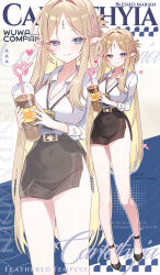 Rule 34 | 1girl, alternate costume, apple caramel, bare legs, black shoes, black skirt, blue eyes, breasts, cartethyia (wuthering waves), character name, closed mouth, collared shirt, commentary, covered erect nipples, crazy straw, cup, disposable cup, drinking straw, earrings, english commentary, full body, hair ribbon, heart, heart straw, high-waist skirt, high heels, highres, holding, holding cup, id card, jewelry, lanyard, large breasts, legs, long hair, looking at viewer, miniskirt, multiple views, parted bangs, pink ribbon, pointy ears, ribbon, shirt, shoes, side slit, sidelocks, skirt, smile, very long hair, wuthering waves, zoom layer