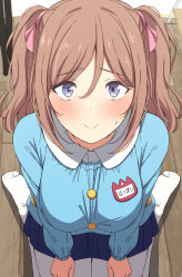 1girl arimon_(dfrgty12) blue_shirt blue_skirt blush breasts brown_hair commentary_request double-parted_bangs gakuen_idolmaster hair_between_eyes highres himesaki_rinami idolmaster indoors large_breasts long_hair long_sleeves looking_at_viewer miniskirt name_tag no_shoes pantyhose seiza shirt sitting skirt smile smock solo sweatdrop twintails white_pantyhose wooden_floor