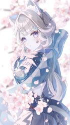 1girl animal_ear_fluff animal_ears anninufufu black_gloves blue_bow bow cat_ears cat_girl commentary facial_mark from_behind genshin_impact gloves grey_hair hair_bow hand_up highres huge_bow long_hair looking_at_viewer looking_back lynette_(genshin_impact) parted_lips purple_eyes signature solo star_(symbol) star_facial_mark symbol-only_commentary tail upper_body very_long_hair