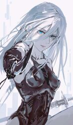 1girl a2_(nier:automata) absurdres android breasts collarbone covered_erect_nipples highres holding holding_sword holding_weapon long_hair looking_at_viewer mole mole_under_mouth navel nier:automata nier_(series) partially_colored perky_breasts small_breasts solo sword upper_body weapon white_background white_hair yautja yorha