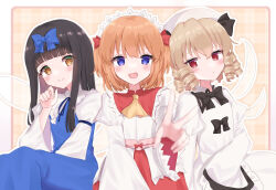 3girls black_bow blonde_hair blush bow dress hasegawa_06 hat highres light_smile luna_child multiple_girls orange_hair red_eyes smile star_sapphire sunny_milk touhou v wings yellow_eyes