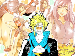 1boy 1girl arms_up bare_legs bare_shoulders belt black_gloves black_hair black_skirt black_sleeves black_vest blonde_hair boots bowl breasts brown_hat brown_skirt brown_vest chopsticks closed_eyes closed_mouth cloud_strife commentary_request cowboy_hat crop_top crying detached_sleeves dissidia_012_final_fantasy dissidia_final_fantasy earrings eating elbow_gloves multiple_expressions fighting_stance final_fantasy final_fantasy_vii final_fantasy_vii_advent_children floating_hair from_side full_body gloves happy_tears hat holding holding_bowl holding_chopsticks jewelry large_breasts long_hair low-tied_long_hair lower_body midriff miniskirt mrg2by multiple_views official_alternate_color official_alternate_costume open_mouth party_popper red_footwear red_gloves red_skirt ribbed_shirt rice_bowl shirt short_hair single_detached_sleeve single_earring single_shoulder_pad single_sidelock single_tear skirt sleeveless sleeveless_shirt smile sparkle spiked_hair standing standing_on_one_leg streaming_tears suspender_skirt suspenders tank_top tears tifa_lockhart upper_body vest white_tank_top
