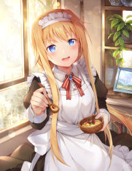 1girl alice_zuberg apron black_dress blonde_hair blue_eyes blush commentary_request dress female_focus food hairband highres holding holding_spoon long_hair looking_at_viewer maid open_mouth smile solo soup spoon sword_art_online taro_(ultrataro) very_long_hair white_apron white_hairband window