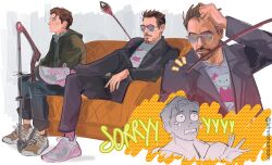 Rule 34 | 2boys, arrow (projectile), artist name, black jacket, black pants, blue-tinted eyewear, blue shirt, blush, bow (weapon), brown eyes, brown hair, character name, closed mouth, collared shirt, couch, crossed legs, crying, crying with eyes open, english text, facial hair, father shot by son (meme), french-unicorn, full body, green jacket, grey shirt, hand on own head, hand up, hello kitty, hello kitty (character), highres, hood, hooded jacket, jacket, lapels, long sleeves, looking afar, marvel, marvel cinematic universe, meme, multiple boys, multiple views, notice lines, on couch, open clothes, open jacket, pants, peter parker, plaid clothes, plaid shirt, purple-framed eyewear, purple-tinted eyewear, purple socks, sanrio, shadow, shirt, shoes, short hair, simple background, sitting, sneakers, socks, striped clothes, striped socks, suit jacket, sunglasses, sweatdrop, t-shirt, tears, tinted eyewear, tony stark, upper body, vertical-striped clothes, vertical-striped socks, weapon, white background