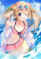 1girl ;d bare_shoulders bikini blonde_hair blue_sky cloud collarbone commentary_request day eyewear_on_head flower hair_flower hair_ornament innertube jacket long_hair long_sleeves looking_at_viewer navel ocean off_shoulder one_eye_closed open_clothes open_mouth original outdoors pink_bikini purple_eyes see-through_clothes sky smile solo suimya sunglasses swim_ring swimsuit tattoo twintails water