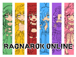 3boys 3girls belt bikini blacksmith_(ragnarok_online) bone-shaped_pupils breasts cigarette cleavage closed_mouth coat column_lineup commentary_request copyright_name crop_top cross-shaped_pupils donut flower-shaped_pupils food full_body fur-trimmed_skirt fur_trim gear-shaped_pupils hair_over_one_eye hat heart heart-shaped_pupils horns kamui_setsuna large_breasts leaf leaf_on_head long_hair looking_at_viewer mechanic_(ragnarok_online) midriff mitre multiple_boys multiple_girls multiple_monochrome navel open_clothes open_coat open_mouth open_shirt pants ragnarok_online rainbow_order ranger_(ragnarok_online) sandals shadow_chaser_(ragnarok_online) shirt short_hair shorts shrug_(clothing) skirt sleeves_rolled_up smile star-shaped_pupils star_(symbol) super_novice_(ragnarok_online) swimsuit symbol-shaped_pupils thighhighs wanderer_(ragnarok_online) wolf_hat