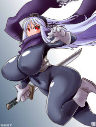 1girl alternate_breast_size alternate_costume black_hairband bodysuit boots breasts commentary_request covered_navel foot_out_of_frame grey_hair hairband highres huge_breasts impossible_bodysuit impossible_clothes itini-sanshi katana long_hair looking_at_viewer ninja open_mouth purple_scarf red_eyes rozen_maiden scarf solo suigintou sword weapon white_boots