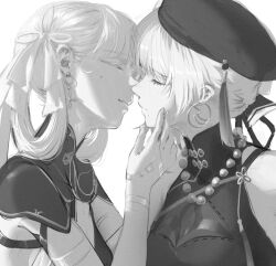 Rule 34 | 2girls, bare shoulders, beret, bow, closed eyes, closed mouth, couple, crop top, earrings, eyebrows hidden by hair, fingernails, from side, greyscale, hair bow, hair rings, halterneck, hand up, hat, hat tassel, hoop earrings, imminent kiss, jewelry, jinhsi (wuthering waves), ker0nit0, long hair, mole, mole under eye, monochrome, multiple girls, neck, parted lips, sanhua (wuthering waves), short hair, sidelocks, simple background, upper body, white background, wuthering waves, yuri