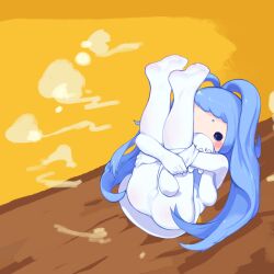 1girl ass blue_eyes blue_hair blush bodysuit chibi daer_maodou_(roco_kingdom:world) doll feet highres legs_up liang_xiaobao long_hair lying no_shoes on_back pantyhose roco_kingdom roco_kingdom:world soles solo very_long_hair white_bodysuit white_pantyhose xueying_wawa_(roco_kingdom:world)