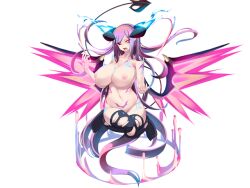 1girl angry arms_up black_horns black_thighhighs blue_fire breasts demon_girl demon_horns demon_tail demon_wings energy energy_wings eyes_visible_through_hair facial_tattoo fire floating floating_hair full-body_tattoo game_cg glowing glowing_eyes gradient_hair hairband heart heart_tail horns huge_breasts legs_up lilith_origin_(mon-musu_quest!) long_hair magic_circle mon-musu_quest! mon-musu_quest:_paradox multicolored_hair navel neck_tattoo nipples non-web_source nose nude purple_hair purple_hairband red_eyes shiki_(psychedelic_g2) tail tattoo thighhighs torn_clothes torn_thighhighs variant_set very_long_hair wide-eyed wings