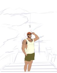 1boy absurdres bara chest_hair curly_hair flat_color highres lineart looking_at_viewer mature_male muscular muscular_male non-web_source original pectorals shorts simple_background sketch sketch_background smoking tank_top tattoo unfinished white_background