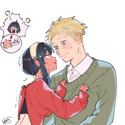 2boys 2girls angry annoyed anya_(spy_x_family) arrow_(symbol) awarinko backless_outfit black_hair blank_eyes blonde_hair blue_eyes blush chibi chibi_inset closed_mouth clothes_grab collared_shirt crying dress_shirt eye_contact fake_horns full-face_blush green_sweater hairband hand_blush hands_on_another&#039;s_chest hands_up hetero highres horns husband_and_wife imminent_kiss long_sleeves looking_at_another multiple_boys multiple_girls nervous nervous_sweating pink_hair puff_of_air puffy_long_sleeves puffy_sleeves red_sweater shirt short_hair sidelocks signature simple_background sleeves_past_wrists smile spoken_character spy_x_family streaming_tears sweat sweater tears translation_request trembling twilight_(spy_x_family) upper_body v-shaped_eyes white_background white_shirt yor_briar yuri_briar