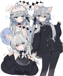 Rule 34 | 1girl, absurdres, ahoge, animal ear fluff, animal ears, arm at side, bare shoulders, black cardigan, black collar, black crown, black pantyhose, black ribbon, black sleeves, blue jacket, blush, bow, bowtie, braid, cable knit, cardigan, cat ears, cat girl, chest belt, collar, collared dress, commentary request, commission, cross hair ornament, crown, double v, dress, expressionless, flat chest, floating crown, green eyes, grey dress, grey eyes, grey hair, hair bun, hair ornament, hair ribbon, hand up, hands up, highres, jacket, long hair, looking at viewer, looking to the side, microdress, multicolored eyes, multiple views, naked jacket, napenasupe, noneknown (vrchat), off-shoulder cardigan, off shoulder, pantyhose, partially unbuttoned, pleated dress, puffy sleeves, ribbon, shinano (vrchat), side braid, side up bun, simple background, single side bun, skeb commission, sleep mask, sleeveless, sleeveless dress, sleeves past wrists, smile, triangle mouth, v, v-shaped eyebrows, vrchat, watermark, white background, white bow, white bowtie