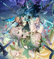 Rule 34 | 2boys, 4girls, aether (genshin impact), blonde hair, blue hair, brown hair, detached sleeves, dottore (genshin impact), genshin impact, green eyes, highres, holding, holding sword, holding weapon, katheryne (genshin impact), long hair, long sleeves, lumine (genshin impact), mask, multiple boys, multiple girls, nahida (genshin impact), pointy ears, rukkhadevata (genshin impact), sakon04, short hair, side ponytail, sword, weapon, white hair, yellow eyes